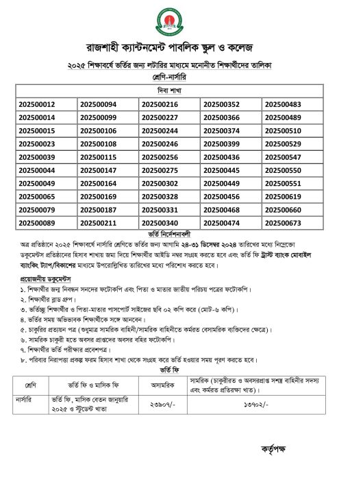 Admission instructions with selected students Day Shift